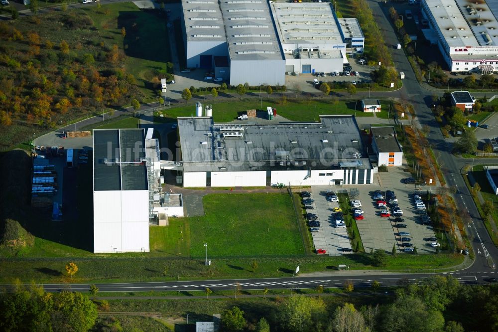 Luftaufnahme Burg - Hochregal- Lager-Gebäudekomplex und Logistikzentrum auf dem Gelände der Hasa GmbH in Burg im Bundesland Sachsen-Anhalt, Deutschland