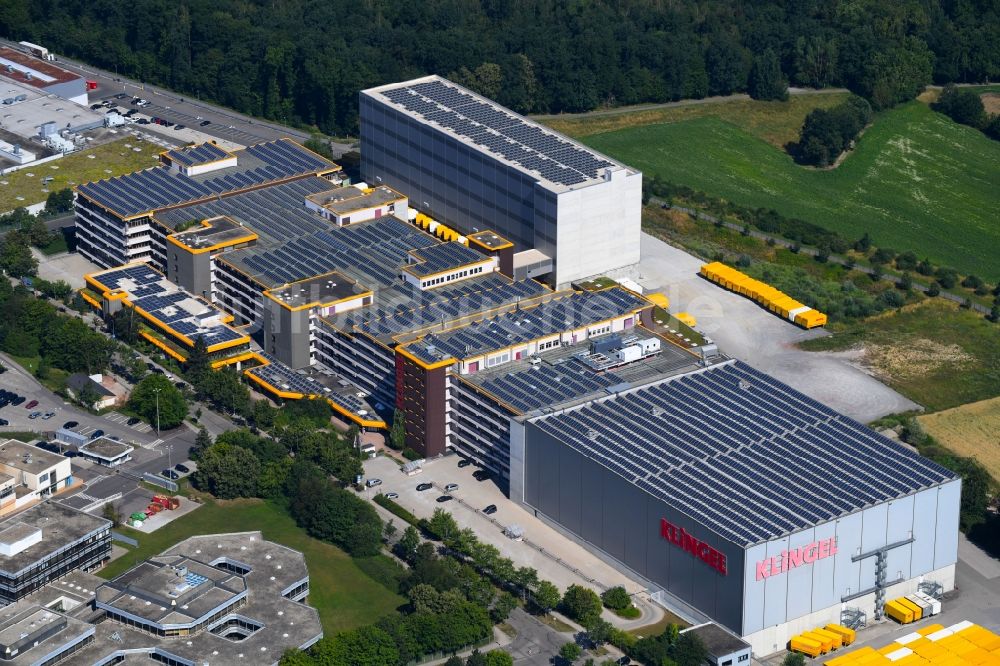 Pforzheim von oben - Hochregal- Lager-Gebäudekomplex und Logistikzentrum auf dem Gelände KLINGEL in Pforzheim im Bundesland Baden-Württemberg, Deutschland
