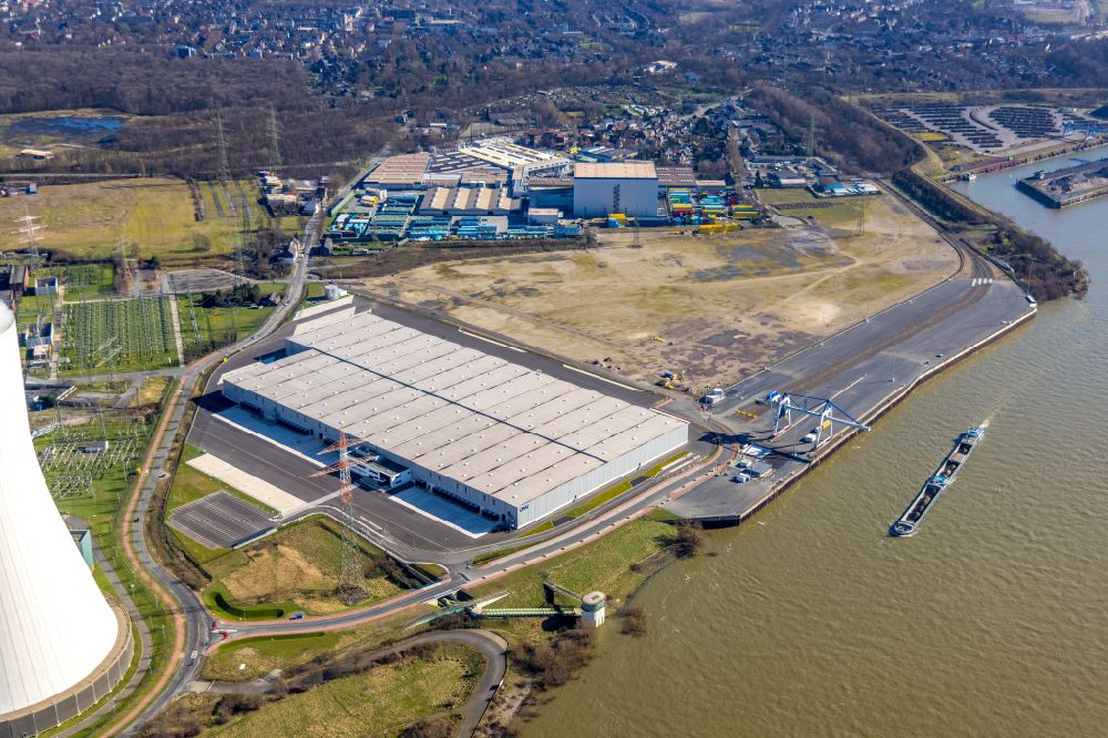 Luftaufnahme Duisburg - Hochregal- Lager-Gebäudekomplex und Logistikzentrum auf dem Gelände des logport VI in Duisburg im Bundesland Nordrhein-Westfalen, Deutschland