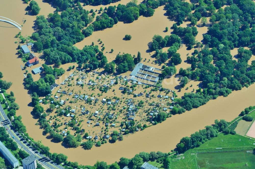 Dessau-Roßlau von oben - Hochwasser Pegel - Situation durch Überschwemmung und Übertritt der Ufer der Mulde an der Mündung zur Elbe bei Dessau-Roßlau im Bundesland Sachsen-Anhalt