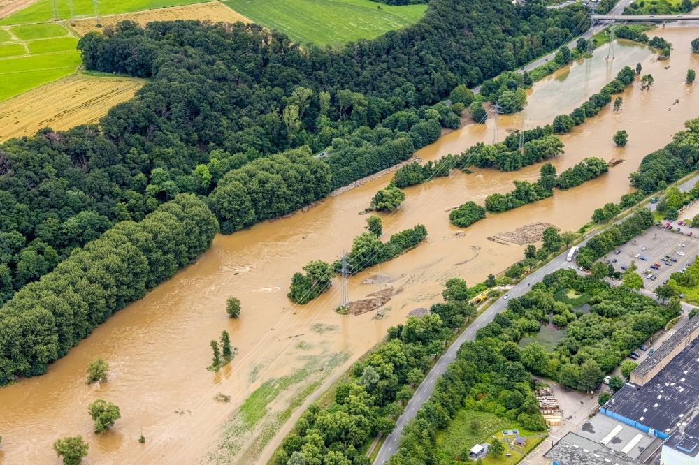 Luftbild Hagen - Hochwasserschäden der Flutkatastrophe am Flußverlauf der Lenne in Hagen im Bundesland Nordrhein-Westfalen, Deutschland