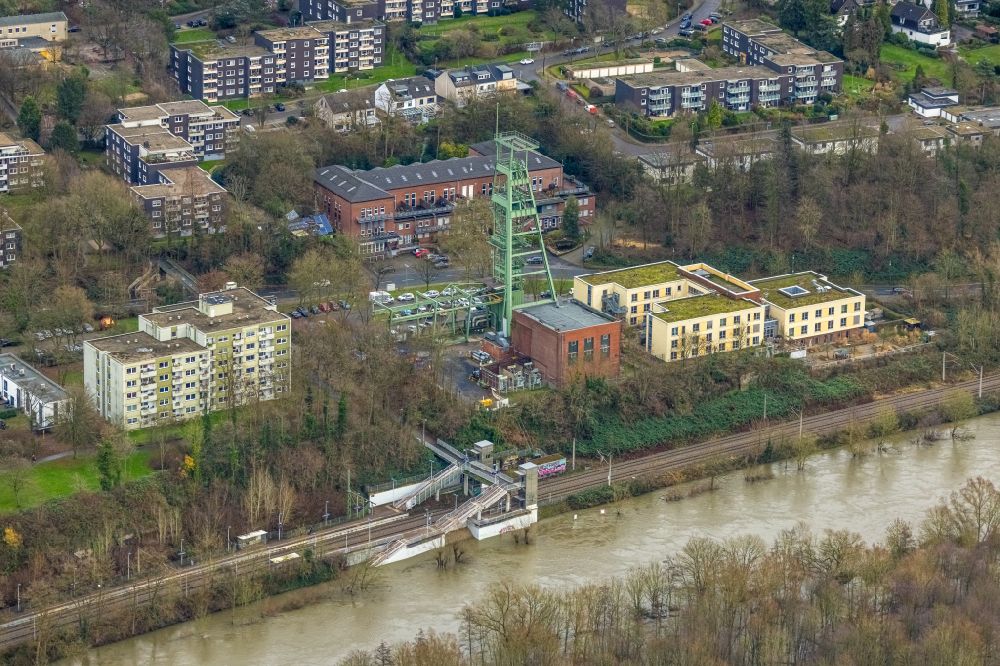 Luftaufnahme Essen - Hochwasserschäden der Flutkatastrophe am Bahnhof Holthausen in Essen im Bundesland Nordrhein-Westfalen, Deutschland