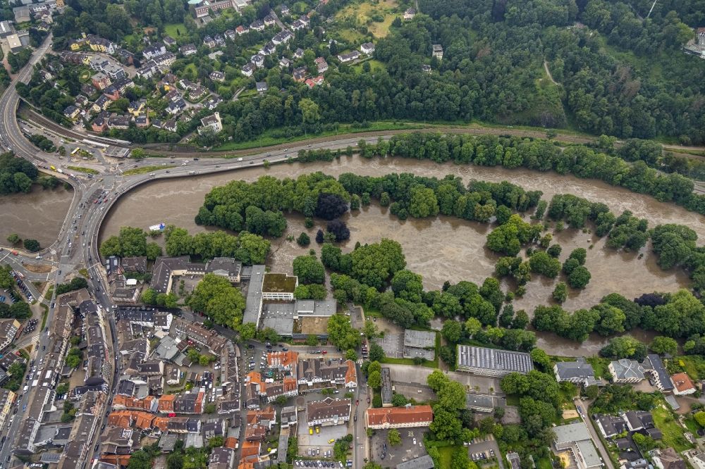 Luftaufnahme Essen - Hochwasserschäden der Flutkatastrophe Brehminsel in der Ruhr in Essen im Bundesland Nordrhein-Westfalen, Deutschland