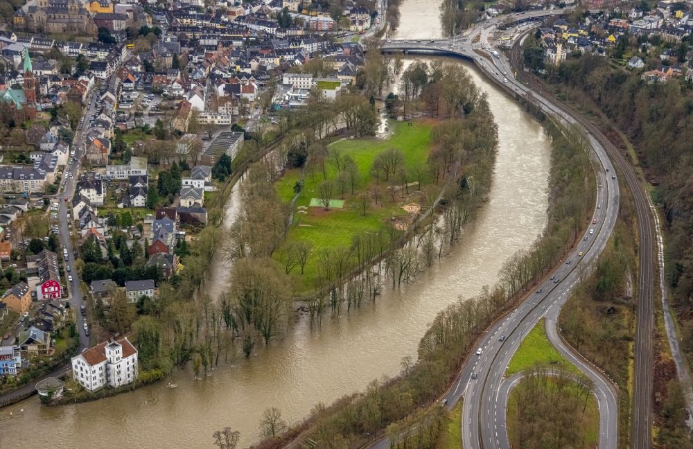 Luftaufnahme Essen - Hochwasserschäden der Flutkatastrophe Brehminsel in der Ruhr in Essen im Bundesland Nordrhein-Westfalen, Deutschland