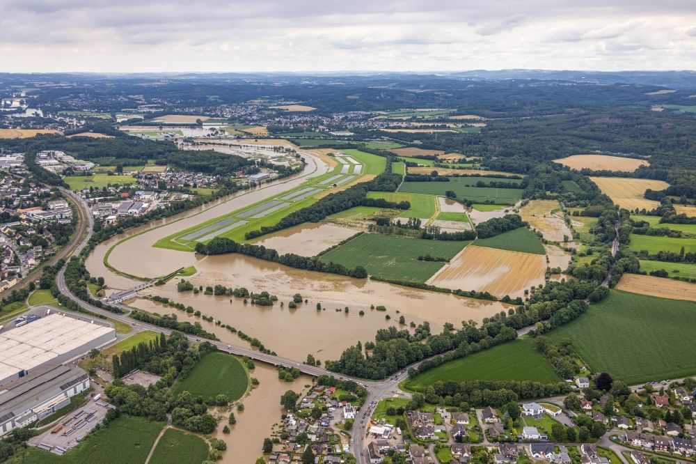 Hagen von oben - Hochwasserschäden der Flutkatastrophe auf dem Campingplatz in Hagen im Bundesland Nordrhein-Westfalen, Deutschland