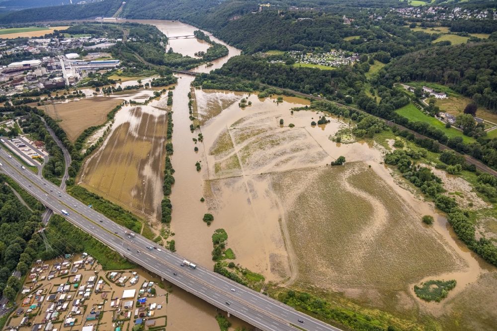 Luftbild Hagen - Hochwasserschäden der Flutkatastrophe auf dem Campingplatz in Hagen im Bundesland Nordrhein-Westfalen, Deutschland
