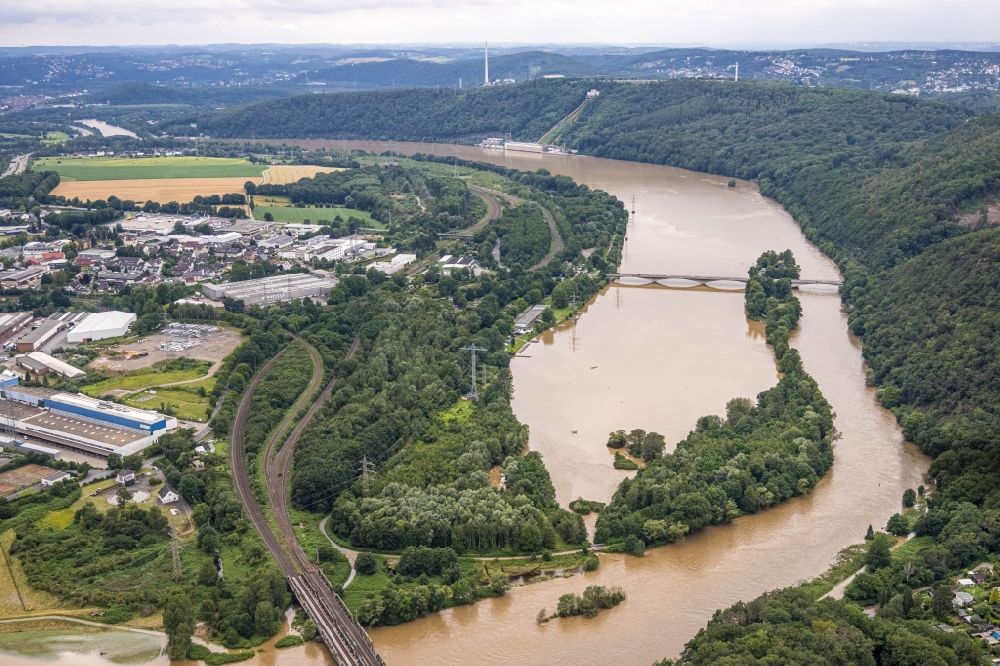 Luftbild Hagen - Hochwasserschäden der Flutkatastrophe am Flußverlauf der Lenne in Hagen im Bundesland Nordrhein-Westfalen, Deutschland