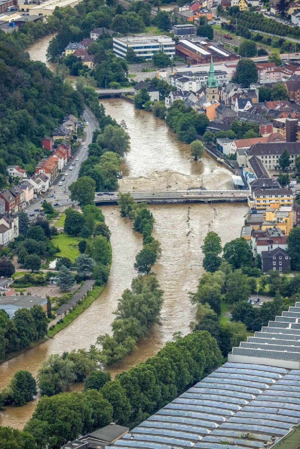Hagen von oben - Hochwasserschäden der Flutkatastrophe in Hagen im Bundesland Nordrhein-Westfalen, Deutschland