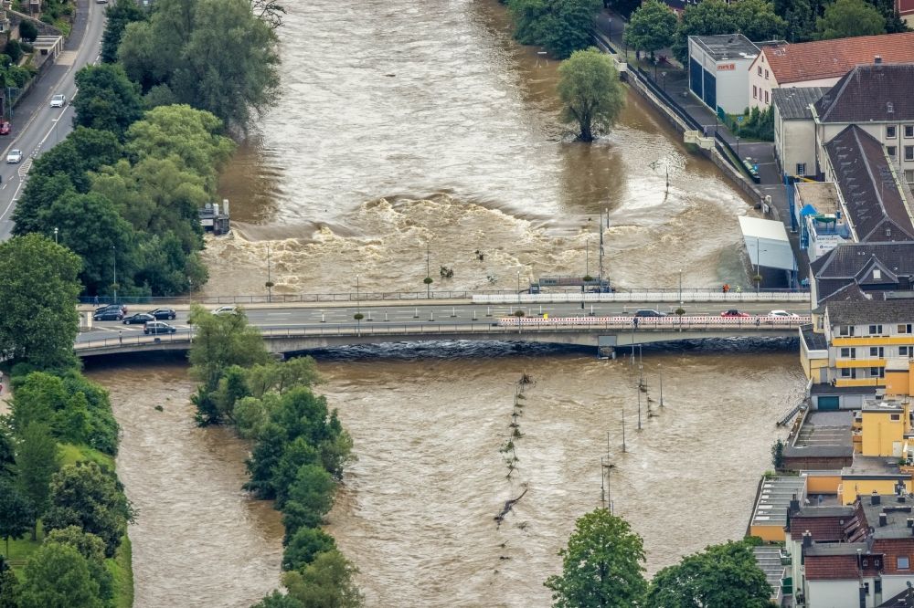 Hagen aus der Vogelperspektive: Hochwasserschäden der Flutkatastrophe in Hagen im Bundesland Nordrhein-Westfalen, Deutschland