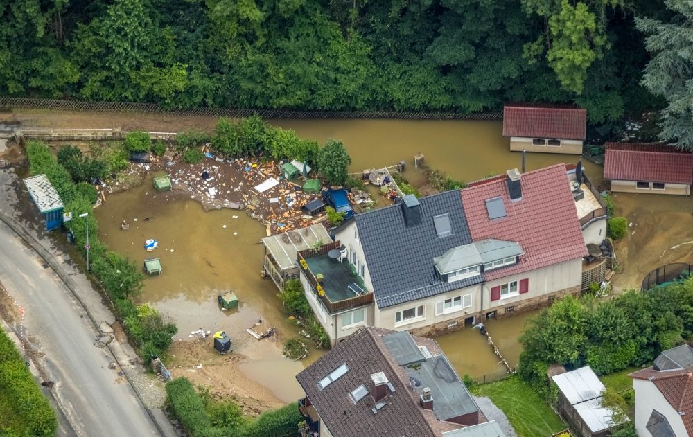 Hagen aus der Vogelperspektive: Hochwasserschäden der Flutkatastrophe in Hagen im Bundesland Nordrhein-Westfalen, Deutschland