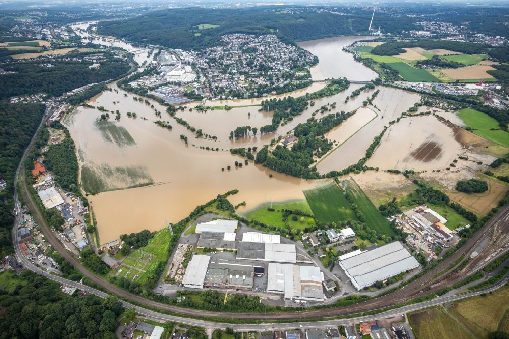 Luftaufnahme Hagen - Hochwasserschäden der Flutkatastrophe Am Kaltenborn - Volmarsteiner Straße in Hagen im Bundesland Nordrhein-Westfalen, Deutschland