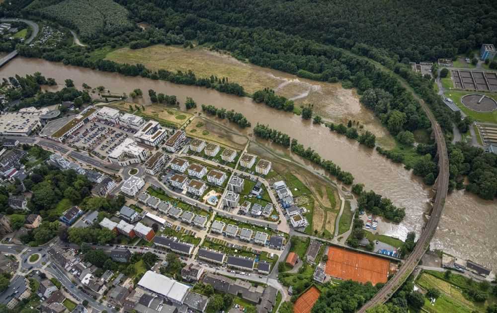 Luftaufnahme Herdecke - Hochwasserschäden der Flutkatastrophe am Ufer der Ruhr in Herdecke im Bundesland Nordrhein-Westfalen, Deutschland