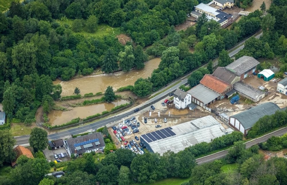 Luftbild Hagen - Hochwasserschäden der Flutkatastrophe am Verlauf von Ruhr und Volme in Hagen im Bundesland Nordrhein-Westfalen, Deutschland