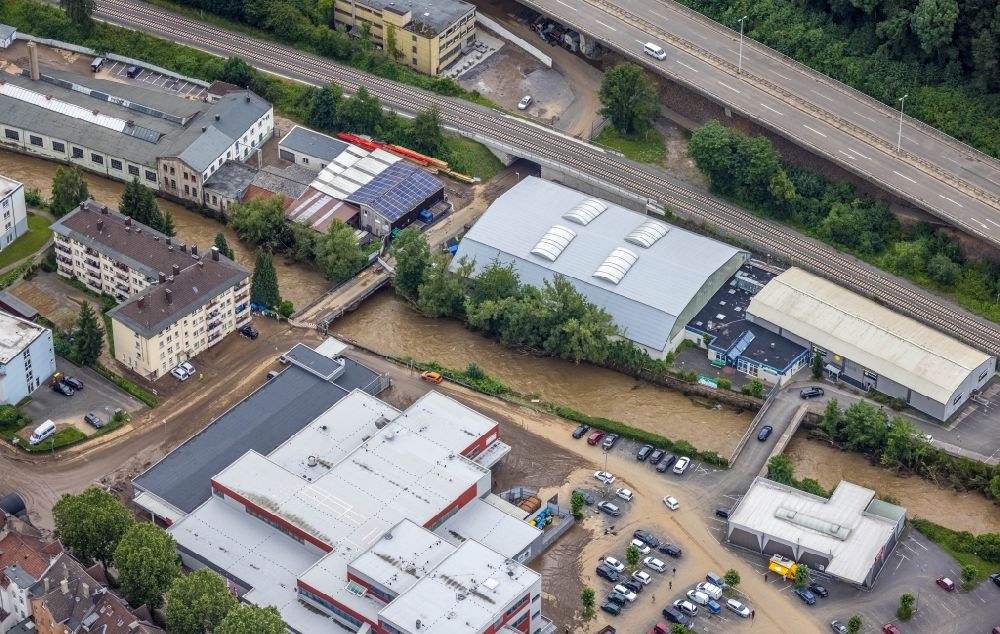 Luftbild Hagen - Hochwasserschäden der Flutkatastrophe am Verlauf von Ruhr und Volme in Hagen im Bundesland Nordrhein-Westfalen, Deutschland
