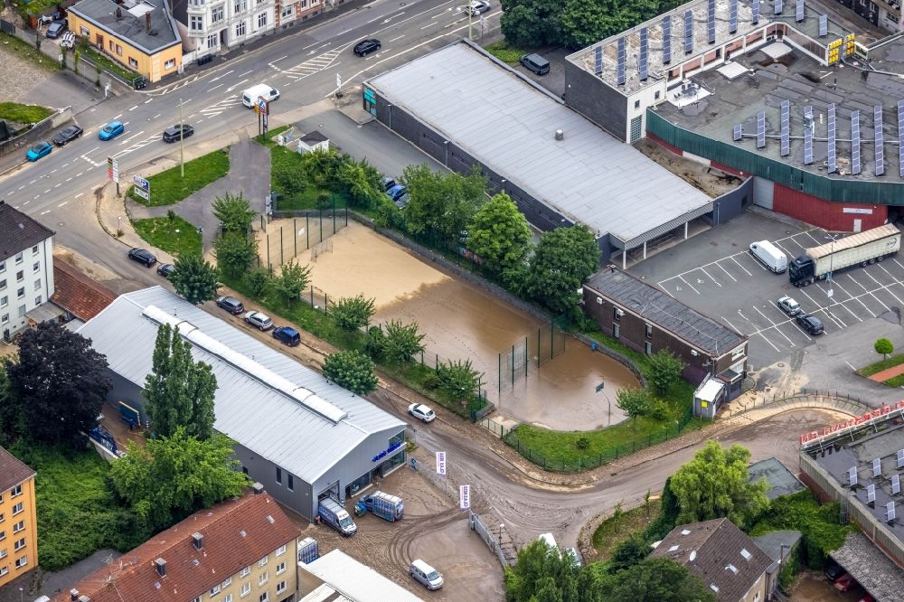 Hagen von oben - Hochwasserschäden der Flutkatastrophe am Verlauf von Ruhr und Volme in Hagen im Bundesland Nordrhein-Westfalen, Deutschland