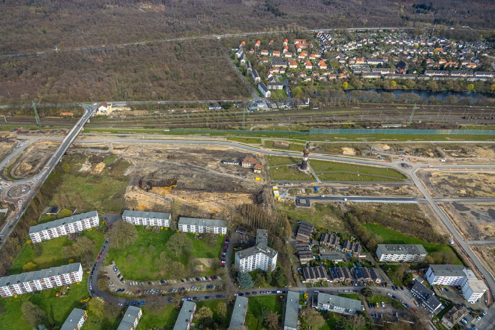 Luftaufnahme Duisburg - Industriedenkmal eines Wasserturmes in Duisburg im Bundesland Nordrhein-Westfalen, Deutschland