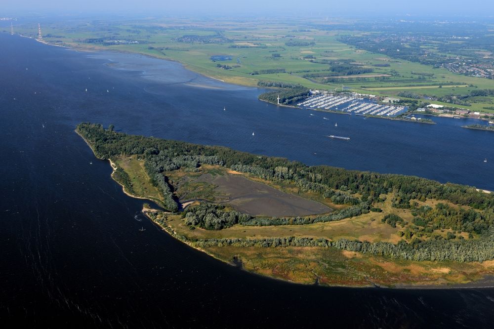 Luftaufnahme Jork - Insel Hanskalbsand am Ufer des Flußverlaufes der Elbe in Wedel im Bundesland Schleswig-Holstein