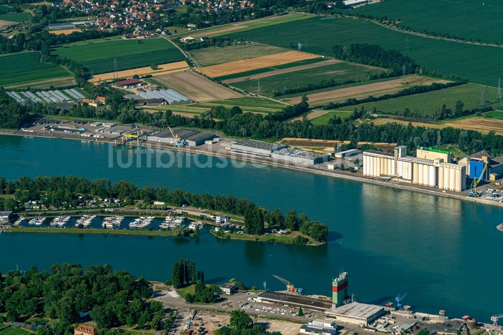 Biesheim aus der Vogelperspektive: Insel am Ufer des Flußverlaufes am Rhein in Biesheim in Grand Est, Frankreich