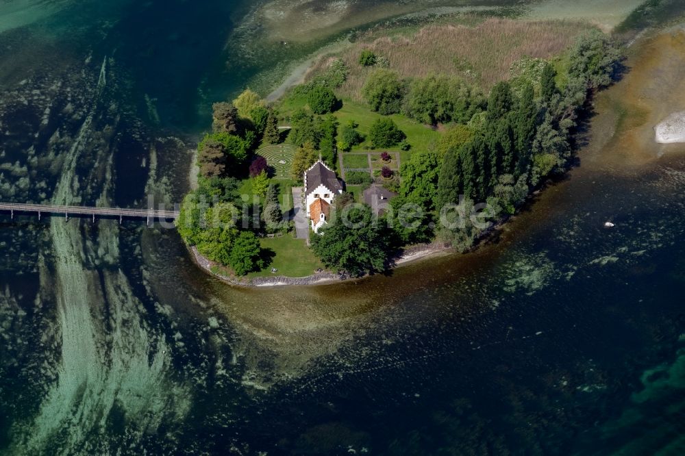Luftbild Eschenz - Insel Werd mit St. Ottmar-Kappelle im Flussverlauf des Rhein in Eschenz im Kanton Thurgau, Schweiz