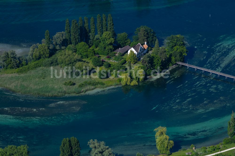 Luftbild Eschenz - Insel Werd mit St. Ottmar-Kappelle im Flussverlauf des Rhein in Eschenz im Kanton Thurgau, Schweiz