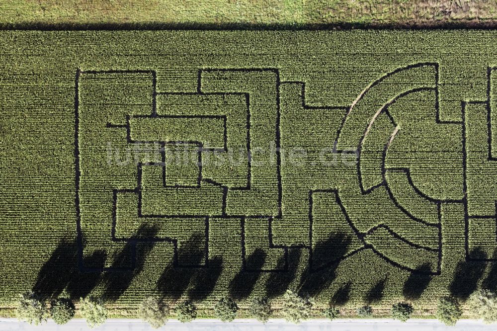 Uchte von oben - Irrgarten - Labyrinth mit den Umrissen auf einem Feld in Uchte im Bundesland Niedersachsen, Deutschland