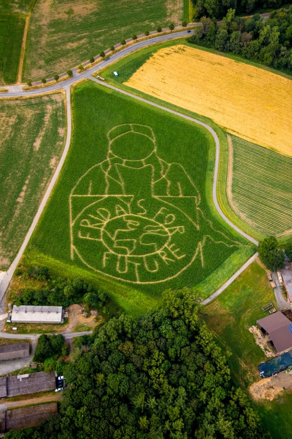 Selm aus der Vogelperspektive: Irrgarten - Labyrinth mit den Umrissen Fridays for future auf einem Feld in Selm im Bundesland Nordrhein-Westfalen, Deutschland