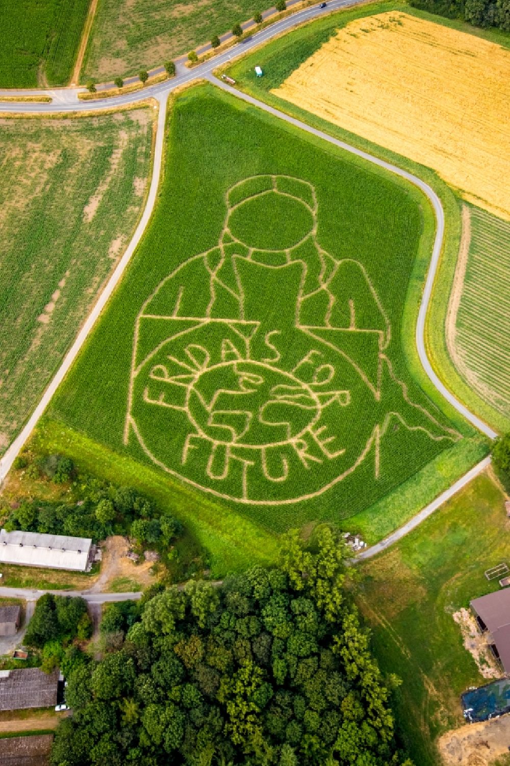 Luftbild Selm - Irrgarten - Labyrinth mit den Umrissen Fridays for future auf einem Feld in Selm im Bundesland Nordrhein-Westfalen, Deutschland