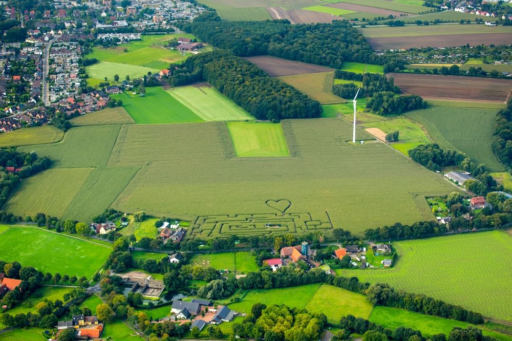 Herten aus der Vogelperspektive: Irrgarten - Labyrinth mit den Umrissen einer Herz- Form auf einem Feld in Herten im Bundesland Nordrhein-Westfalen