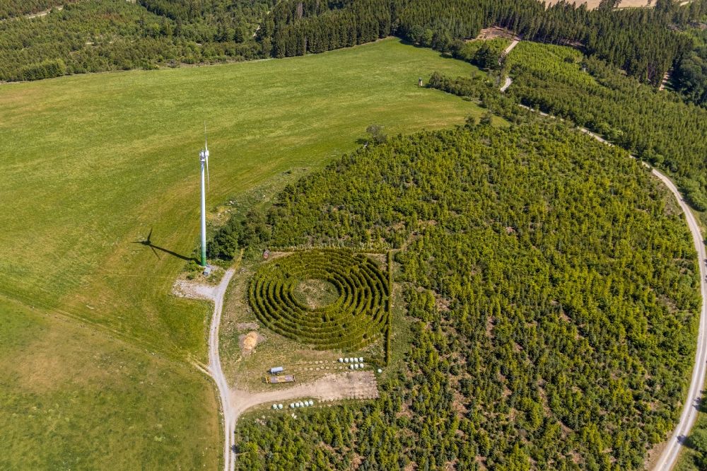 Balve aus der Vogelperspektive: Irrgarten - Labyrinth mit den Umrissen eines Kreises auf einem Feld in Leveringhausen im Bundesland Nordrhein-Westfalen, Deutschland