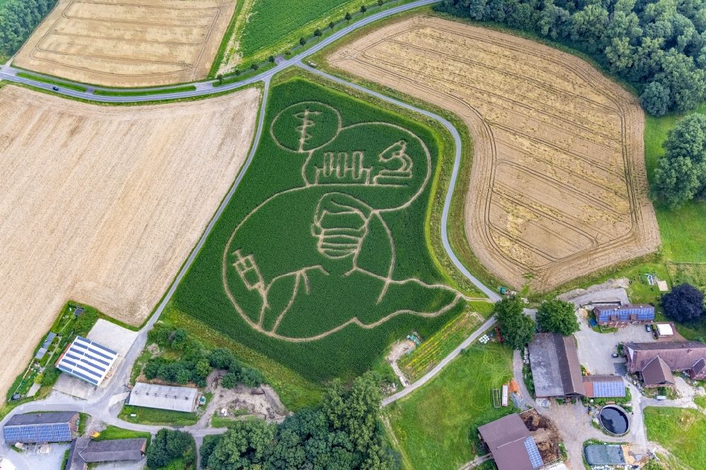 Selm aus der Vogelperspektive: Irrgarten - Labyrinth mit den Umrissen Laßt Euch impfen auf einem Feld in Selm im Bundesland Nordrhein-Westfalen, Deutschland