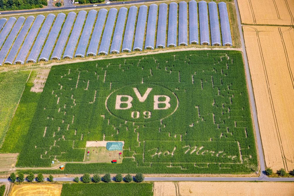 Scharnhorst von oben - Irrgarten - Labyrinth mit Werbung für den BVB Fußballverein in Scharnhorst im Bundesland Nordrhein-Westfalen, Deutschland