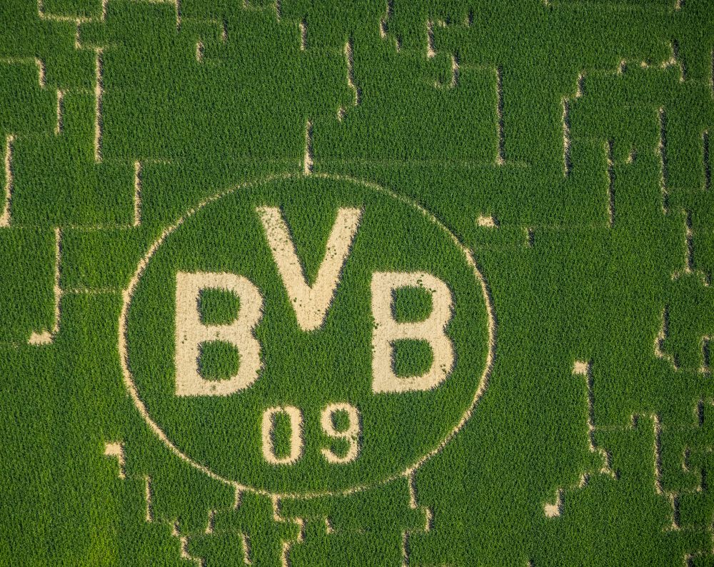 Scharnhorst von oben - Irrgarten - Labyrinth mit Werbung für den BVB Fußballverein in Scharnhorst im Bundesland Nordrhein-Westfalen, Deutschland