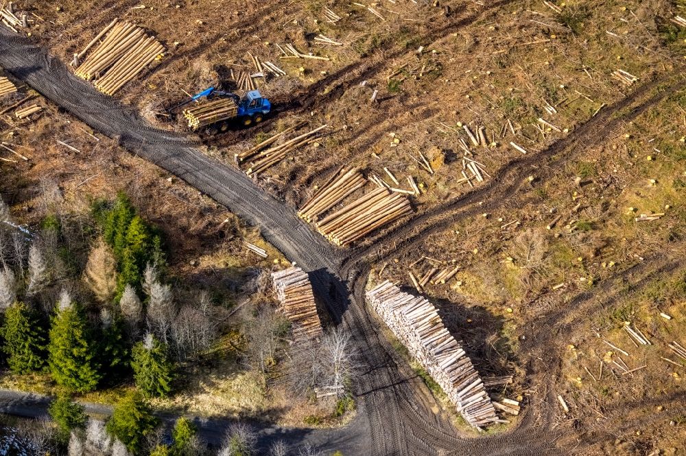 Luftaufnahme Erndtebrück - Kahle Fläche eines gerodeten Waldbestandes in Erndtebrück im Bundesland Nordrhein-Westfalen, Deutschland