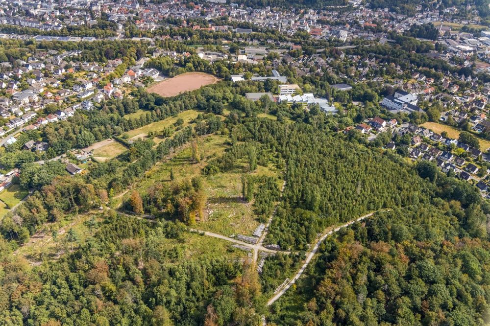 Luftaufnahme Menden (Sauerland) - Kahle Fläche eines gerodeten Waldbestandes in Menden (Sauerland) im Bundesland Nordrhein-Westfalen, Deutschland