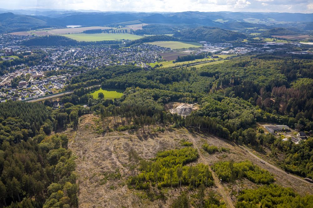 Meschede von oben - Kahle Fläche eines gerodeten Waldbestandes in Meschede im Bundesland Nordrhein-Westfalen, Deutschland