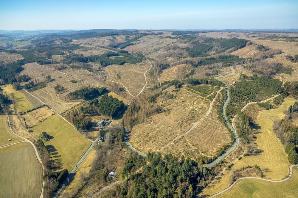 Luftaufnahme Ramsbeck - Kahle Fläche eines gerodeten Waldbestandes in Ramsbeck im Bundesland Nordrhein-Westfalen, Deutschland
