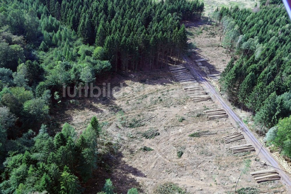 Uftrungen von oben - Kahle Fläche eines gerodeten Waldbestandes in Uftrungen im Bundesland Sachsen-Anhalt, Deutschland
