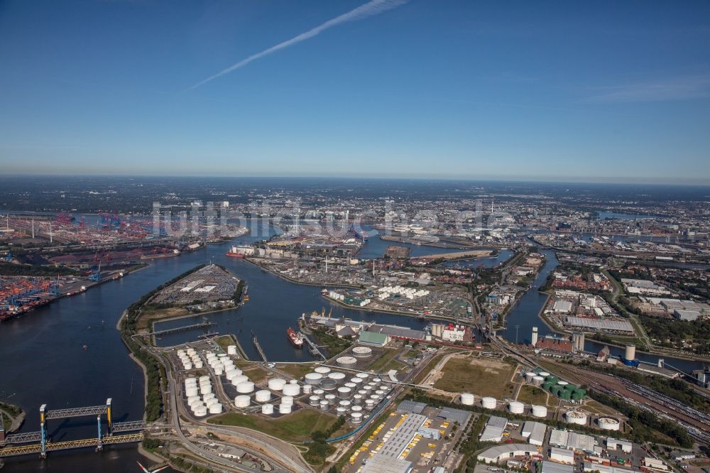 Luftbild Hamburg - Kai und Hafenbecken des Binnenhafen am Ufer der Süderelbe - Blumensandhafen - Kattwykhafen im Ortsteil Altenwerder in Hamburg, Deutschland