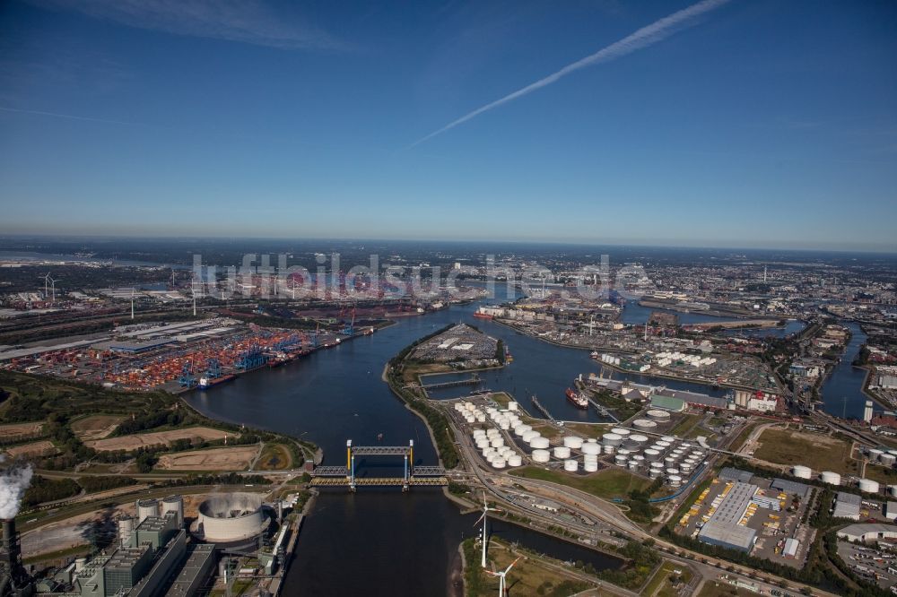 Luftaufnahme Hamburg - Kai und Hafenbecken des Binnenhafen am Ufer der Süderelbe - Blumensandhafen - Kattwykhafen im Ortsteil Altenwerder in Hamburg, Deutschland