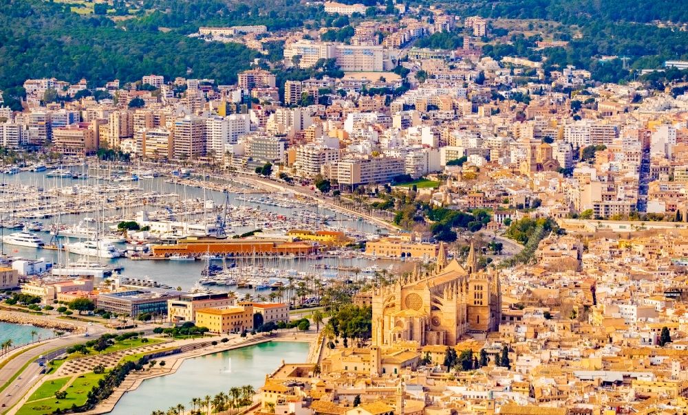 Palma aus der Vogelperspektive: Kathedrale am Plaça de la Seu in Palma mit Hafen de Mallorca auf der Balearischen Insel Mallorca, Spanien