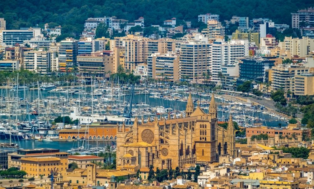 Luftbild Palma - Kathedrale am Plaça de la Seu in Palma de Mallorca auf der Balearischen Insel Mallorca, Spanien