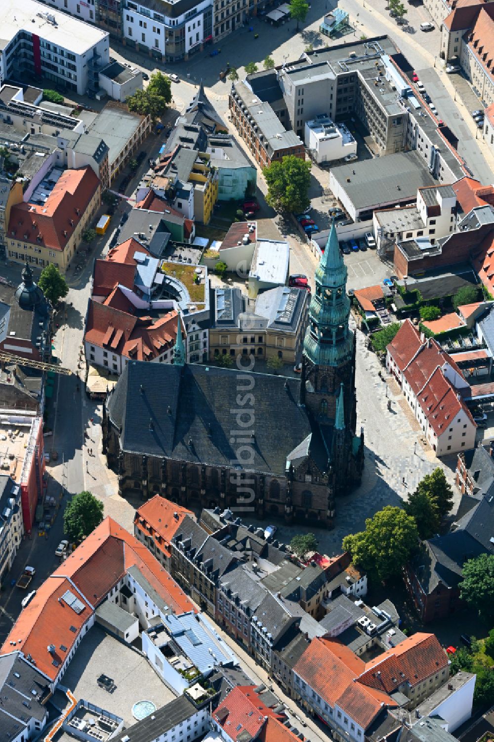 Zwickau von oben - Kirchengebäude des Domes in der Altstadt in Zwickau im Bundesland Sachsen, Deutschland