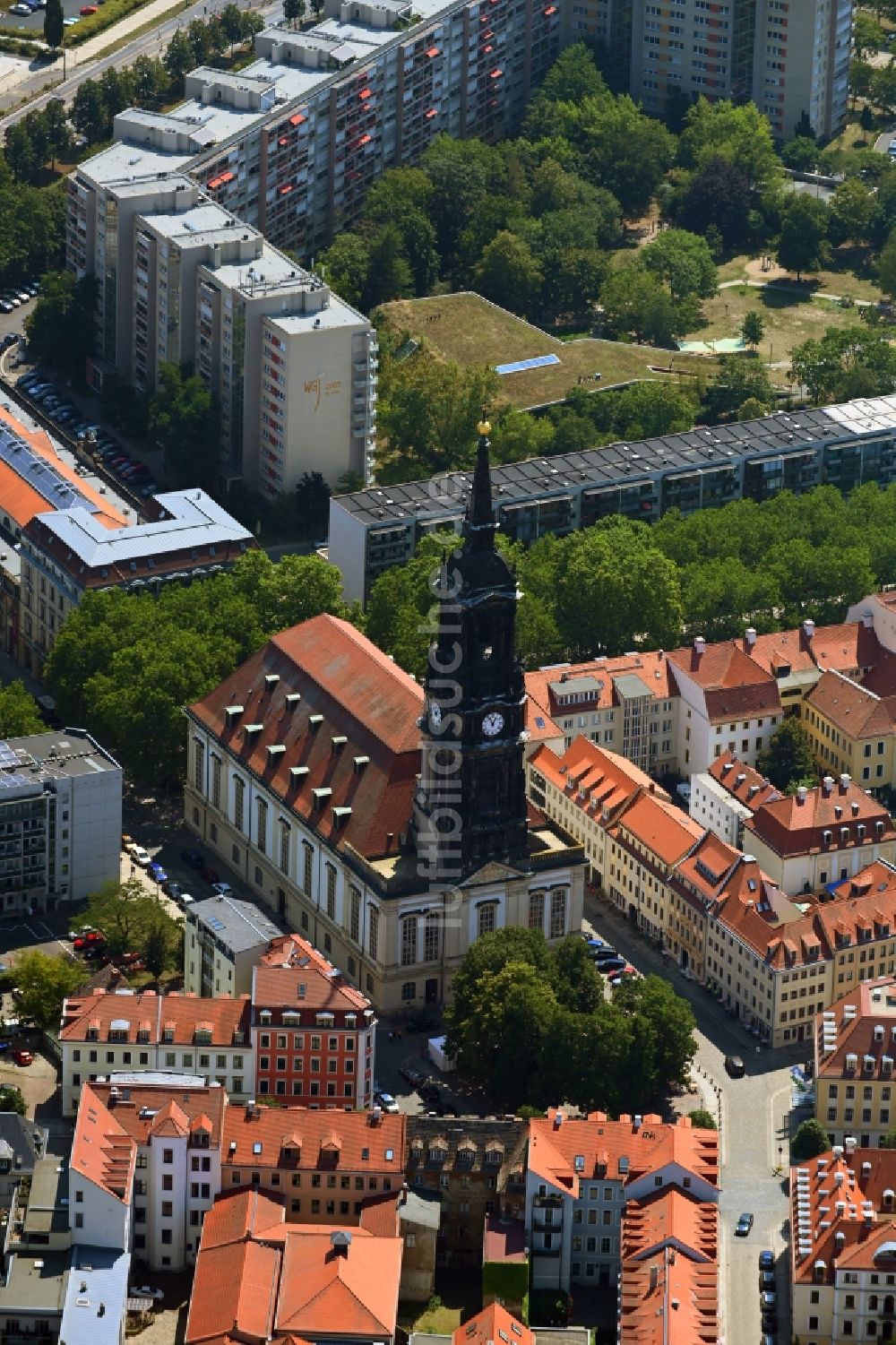 Dresden aus der Vogelperspektive: Kirchengebäude Dreikönigskirche in Dresden im Bundesland Sachsen, Deutschland