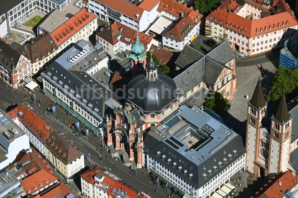 Luftaufnahme Würzburg - Kirchengebäude des Neumünster im Altstadt- Zentrum in Würzburg im Bundesland Bayern, Deutschland