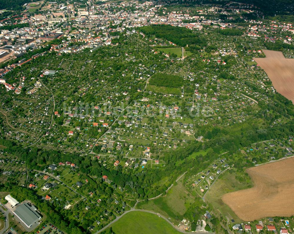 Luftbild Gera - Kleingartenanlagen einer Laubenkolonie Gartenanlage Zaufensgraben in Gera im Bundesland Thüringen, Deutschland