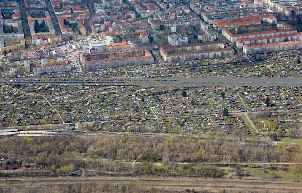 Luftbild Berlin - Kleingartenanlagen einer Laubenkolonie am Priesterweg in Schöneberg in Berlin, Deutschland