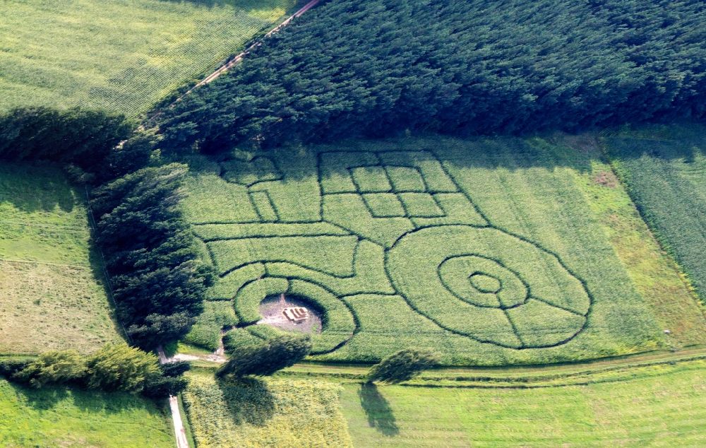 Trebbin von oben - Kornkreis in einem Getreide- Feld in Form eines Treckers in Trebbin im Bundesland Brandenburg, Deutschland