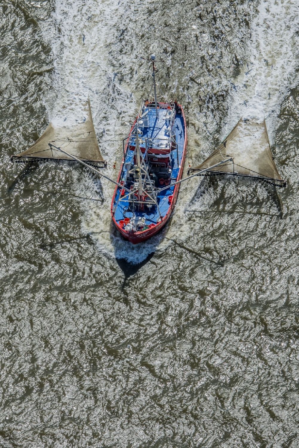 Büsum aus der Vogelperspektive: Krabbenkutter in Fahrt auf der Nordsee in Büsum im Bundesland Schleswig-Holstein