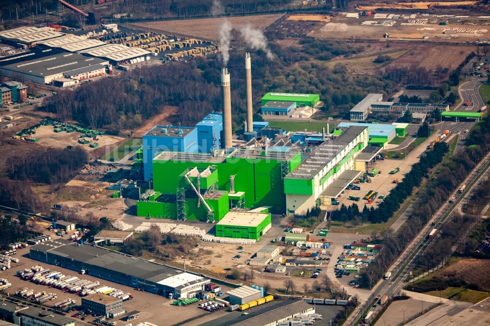 Herten aus der Vogelperspektive: Kraftwerksanlagen des Heizkraftwerkes der Müllverbrennungsanlage in Herten im Bundesland Nordrhein-Westfalen, Deutschland