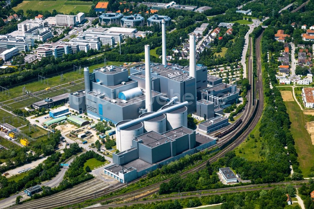 Luftaufnahme Unterföhring - Kraftwerksanlagen des Heizkraftwerkes SWM Heizkraftwerk Nord in Unterföhring im Bundesland Bayern
